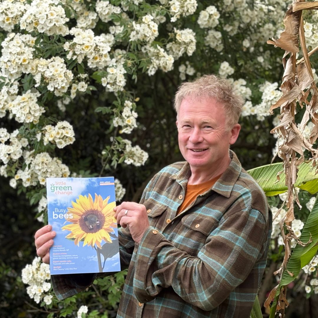 Gardeners' World presenter and horticultural expert Toby Buckland with Little Green Change's 2025 magazine
